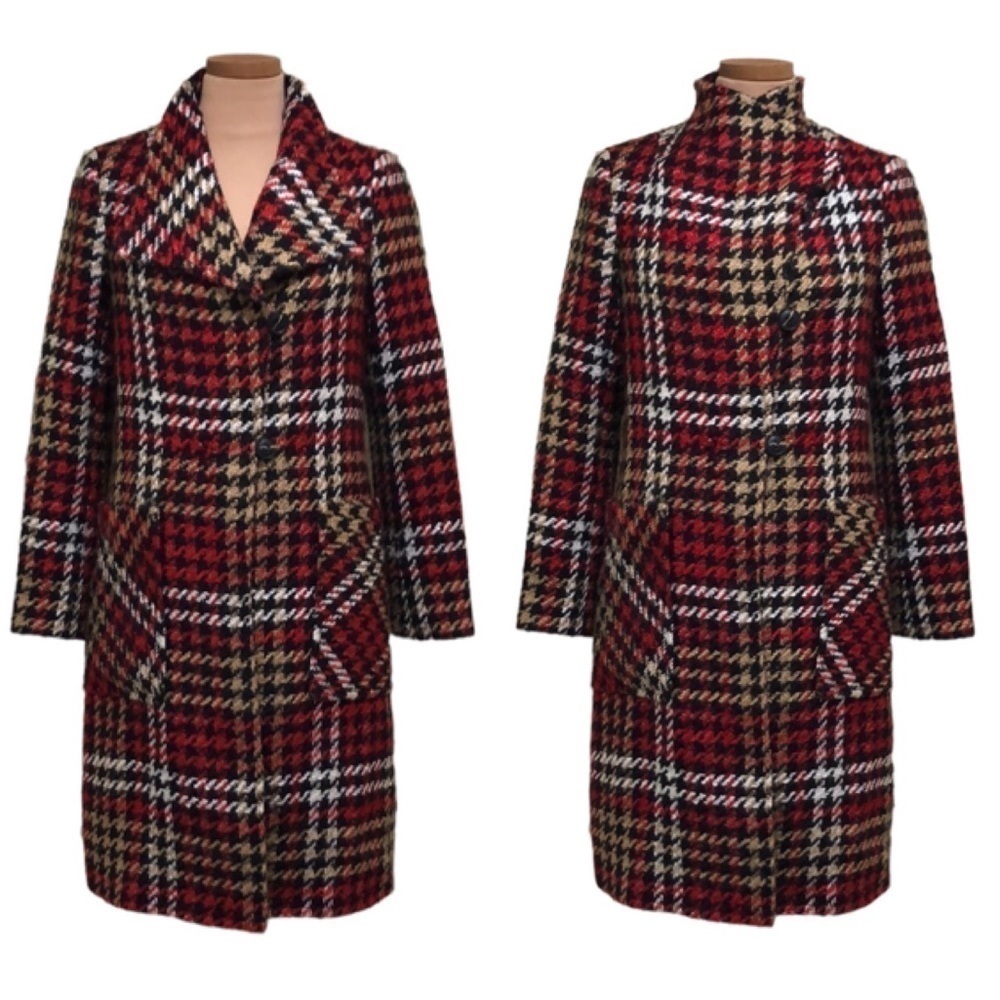 NVLT Houndstooth Pea Coat Peacoat Size 4 Red Tan Black